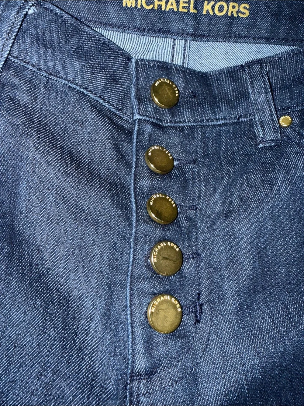 Michael Kors Dark Indigo Wide-Leg Jeans with Gold Hardware